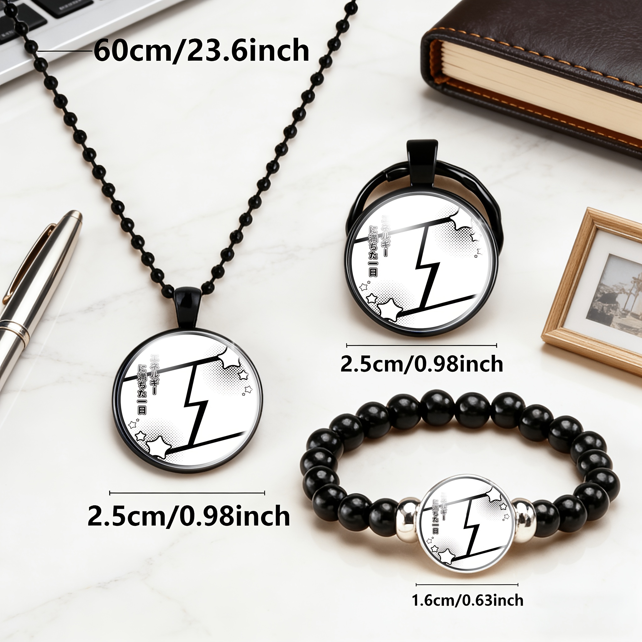 3pcs Black Accessory Set with Round Glass Inlay, Gift for Him